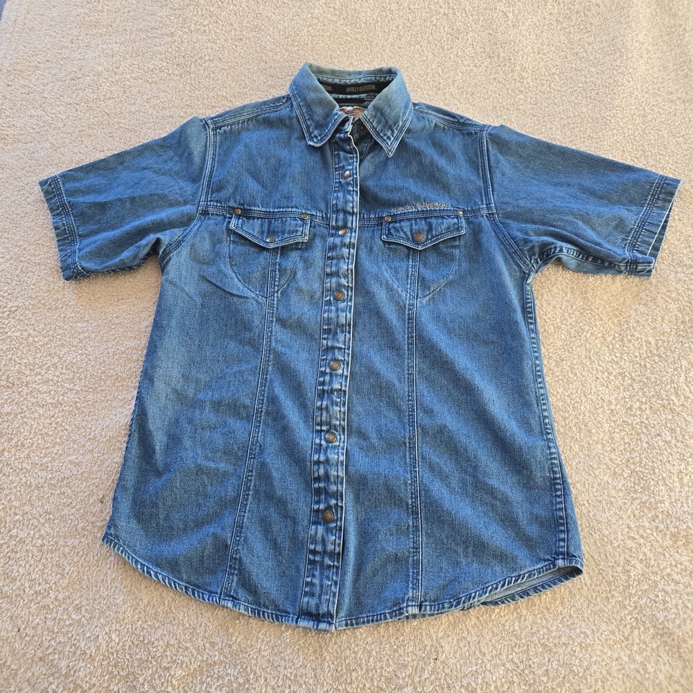 Harley Davidson Women's Front Snap Short Sleeve Denim Shirt Sz M Embroidered Y2K